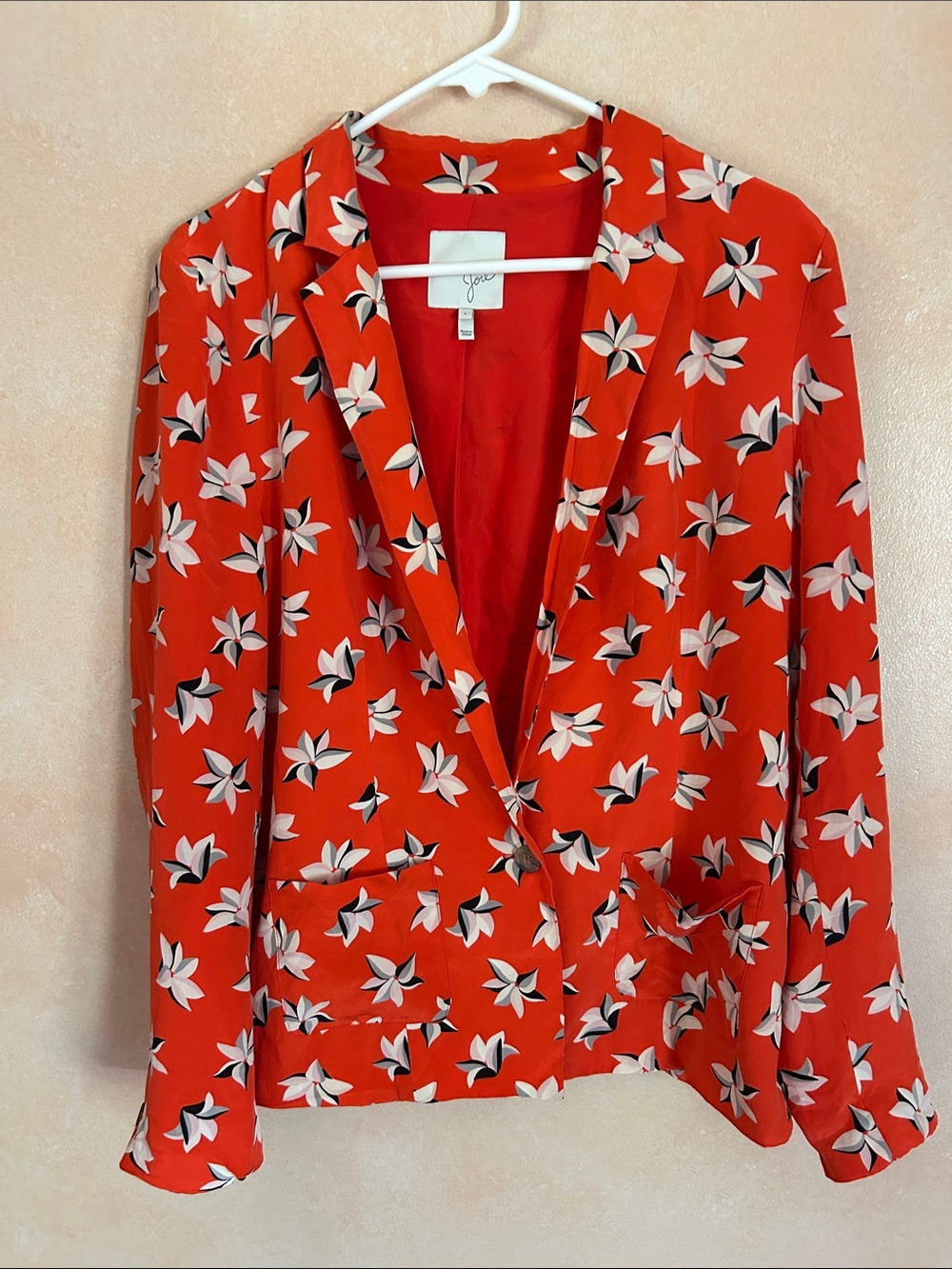Joie orange Red SILK Floral Print  un structured Blazer size large